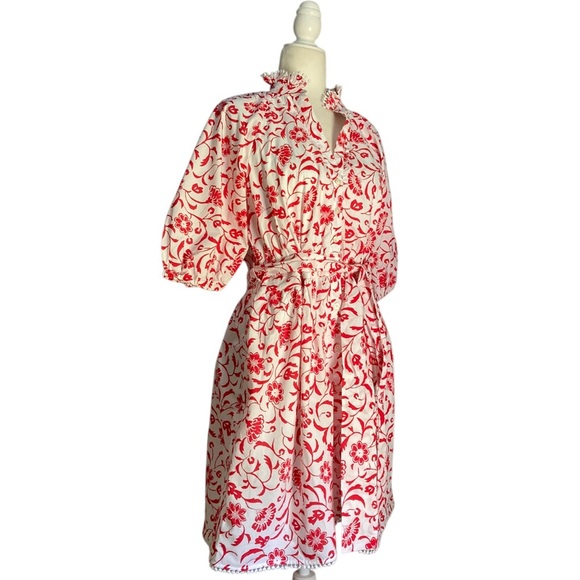 Ann Taylor Floral Ruffle Neck flare Dress NWT Fiery Red White Flirty Feminine - Picture 5 of 11